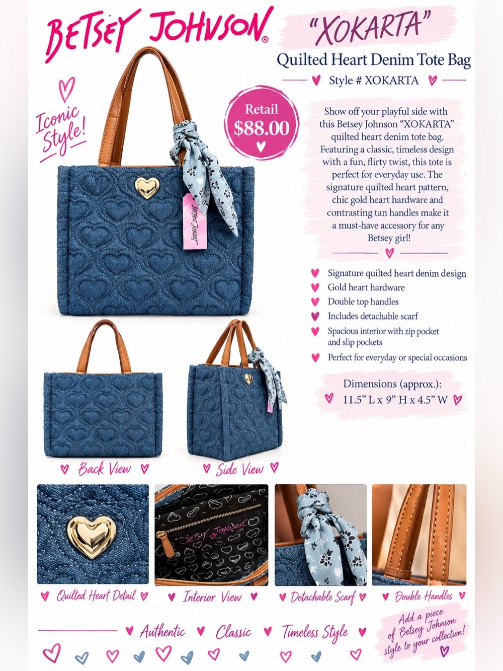 Betsey Johnson Quilted Heart Denim Tote Bag — Blue with Tan Handles